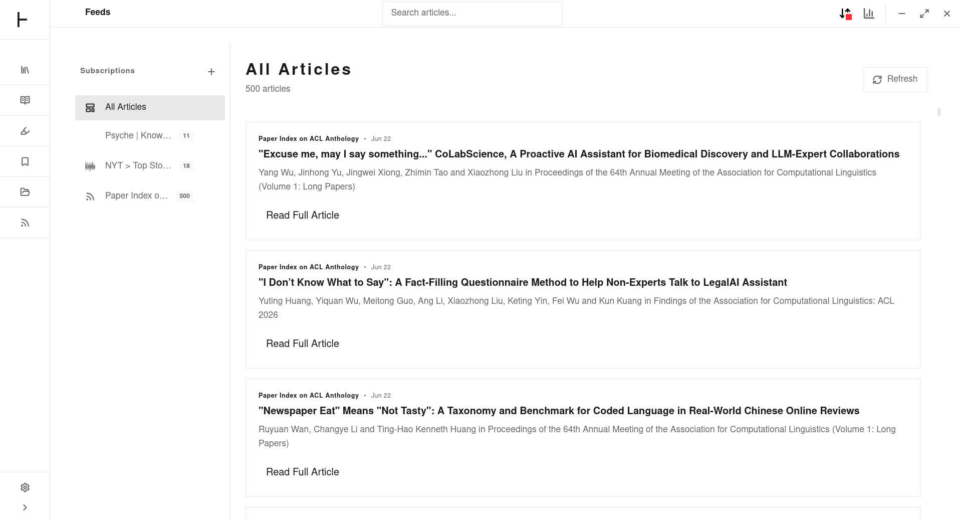 Theorem RSS feed reader with article view